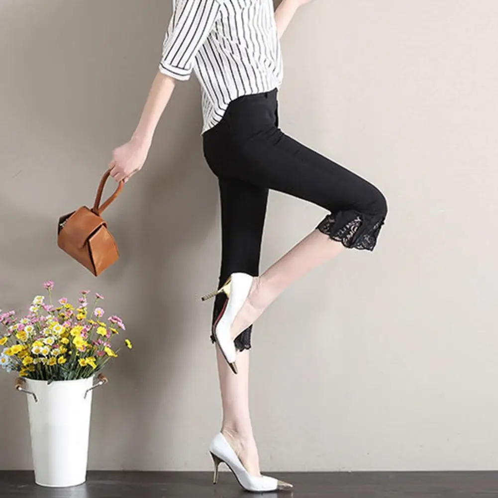 Womens Pants Ruffled Legs Elastic Waistband Wide Leg Loose Casual Pull On Trousers Lace Stitching Tight Leggings with Pockets