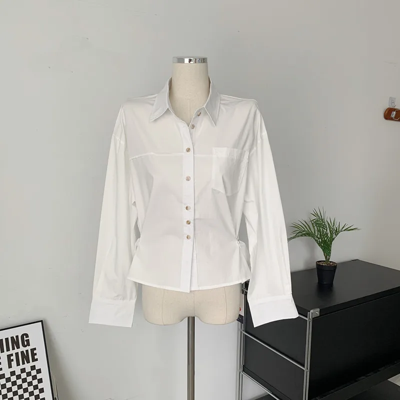 Chemise en coton avec poches pour femmes, nouveau, col Polo, manches longues, chemisiers décontractés, à la mode coréenne, 2023, printemps, automne, 7461