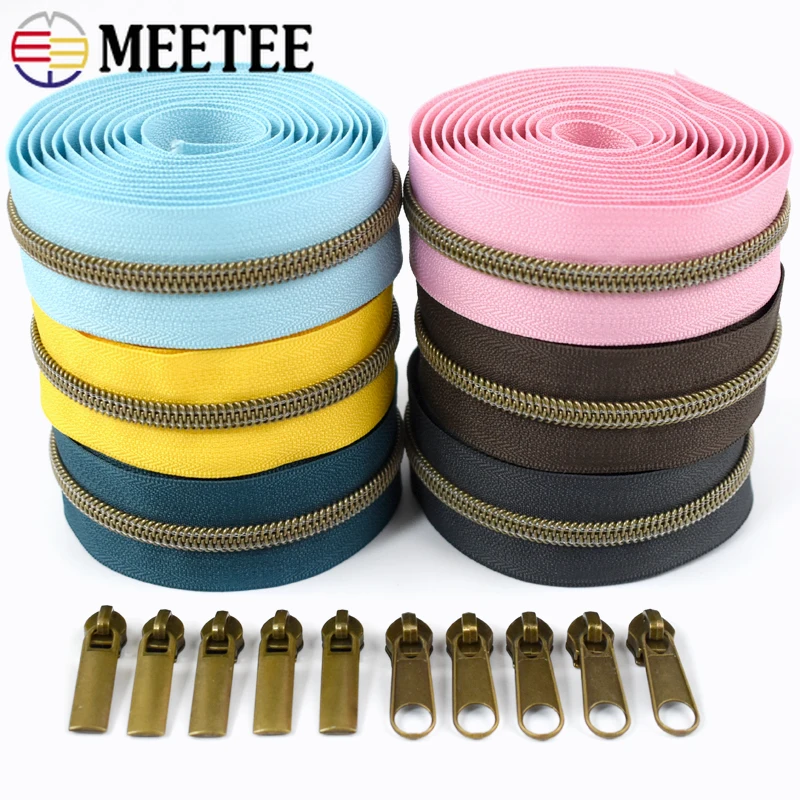 3/5/10Meters 5# Nylon Zipper Colorful Tape Bronze Teeth Open-End Zips Tailor for Bag Clothes Repair Kit DIY Sewing Accessories