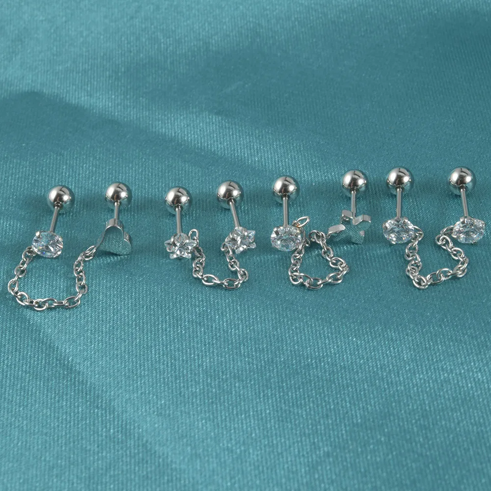 1PC Stainless Steel Piercing Ear Studs Earrings Dangle Cz Ear Chain Cartilage Helix Conch Tragus Piercing Lobe Piercing Jewelry
