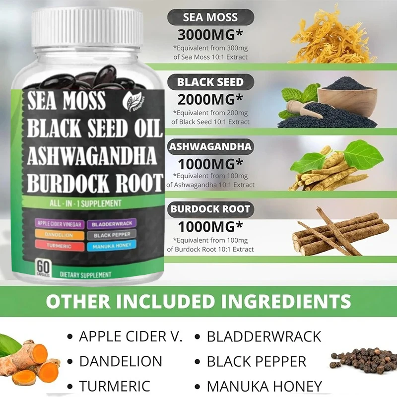 Seaweed Black Seed Oil, Containing Turmeric, Bladder Burdock Root, Advanced Integrated Supplement, 60 Capsules