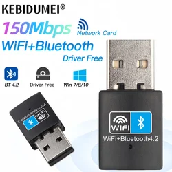 Adaptador USB WiFi Bluetooth, tarjeta de red WiFi 150G, receptor Wlan inalámbrico, controlador gratis para PC, portátil, WIN 2,4, 8/10 Mbps, 2 en 1