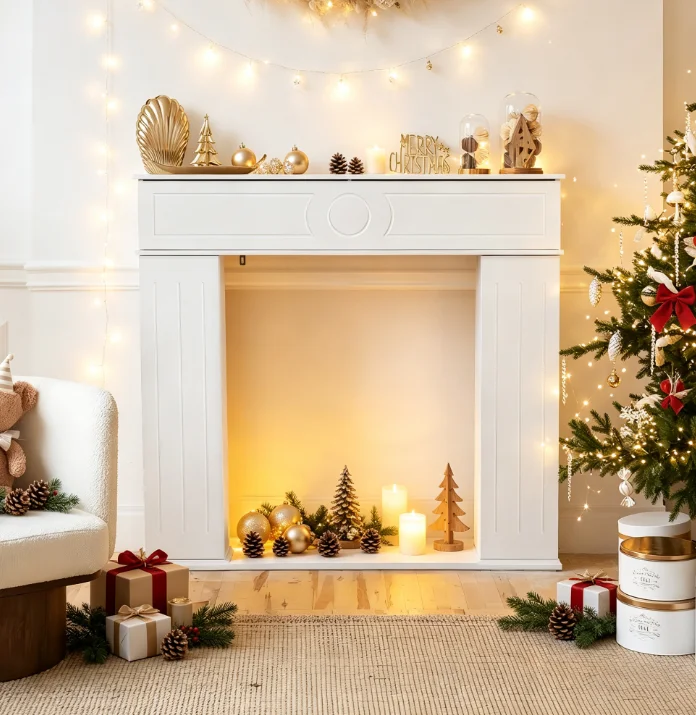 Mobile portaoggetti con 3 ante per caminetto, mobile moderno in legno per il soggiorno, la camera da letto o l’ufficio, ideale per Natale, colore bianco.