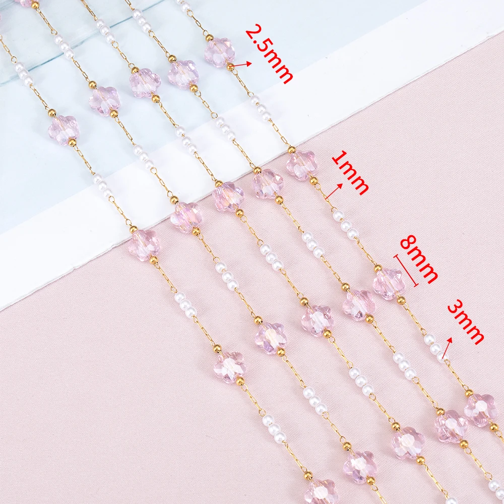 No Fade 1Meter Stainless Steel Crystal Butterfly Pink Flower Beaded Chains for Bracelet Necklace DIY Jewelry Findings Quality