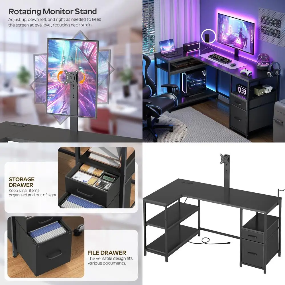 

Black Adjustable Monitor Stand L-Shaped Gaming & Office Desk with Fabric Drawers, File Storage, and Power Outlets for Home Use