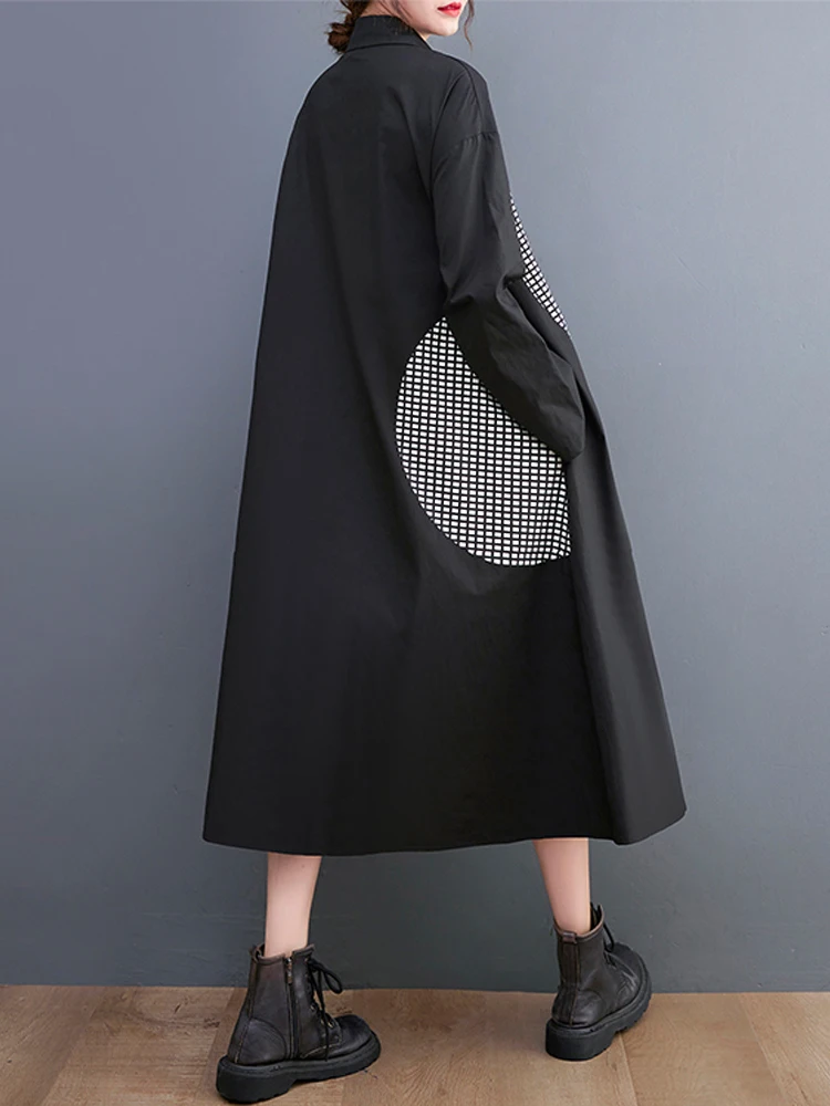 NYFS 루즈 플러스 사이즈 프린트 롱 드레스 봄 가을 2026 빈티지 긴 소매 여성 로브 셔츠 드레스