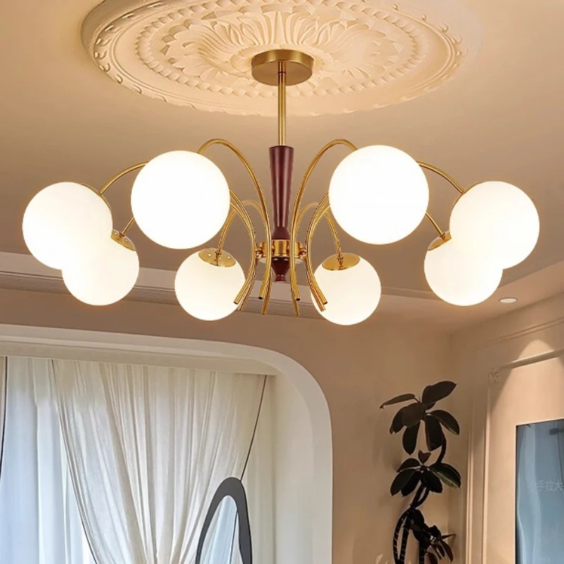 

French Medieval Walnut Chandelier Living Room Bedroom Restaurant Study Villa High-end Designer Creative Glass Ball Pendant Light