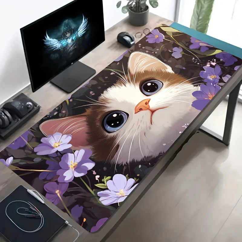 Cute Kitten Floral Extra Large Gaming Mouse Pad Non-Slip Rubber Desk Mat for Office and Gaming