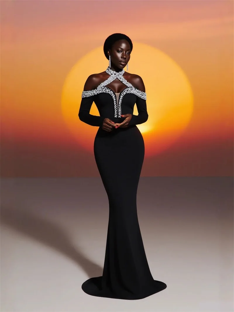 

Luxury Pearls Black Women's Prom Dress Sexy Hollow Full Sleeves Formal Birthday Banquet Sheath Slim Long Party Gown Robe