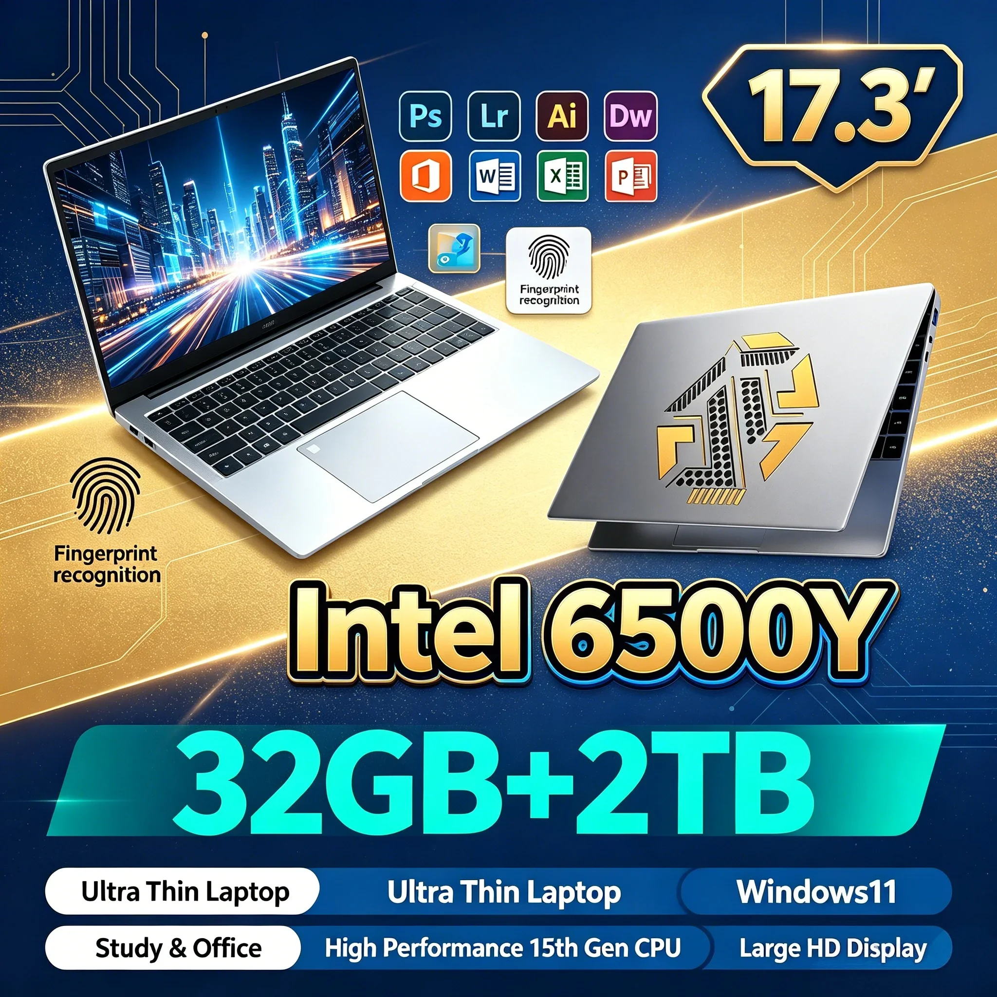 New Lightweight 17.3'' Notebook PC Intel 6500Y 32GB RAM 1TB or 2TB SSD Win11 WiFi6 BT5.2 Portable Laptop For Home Study Office