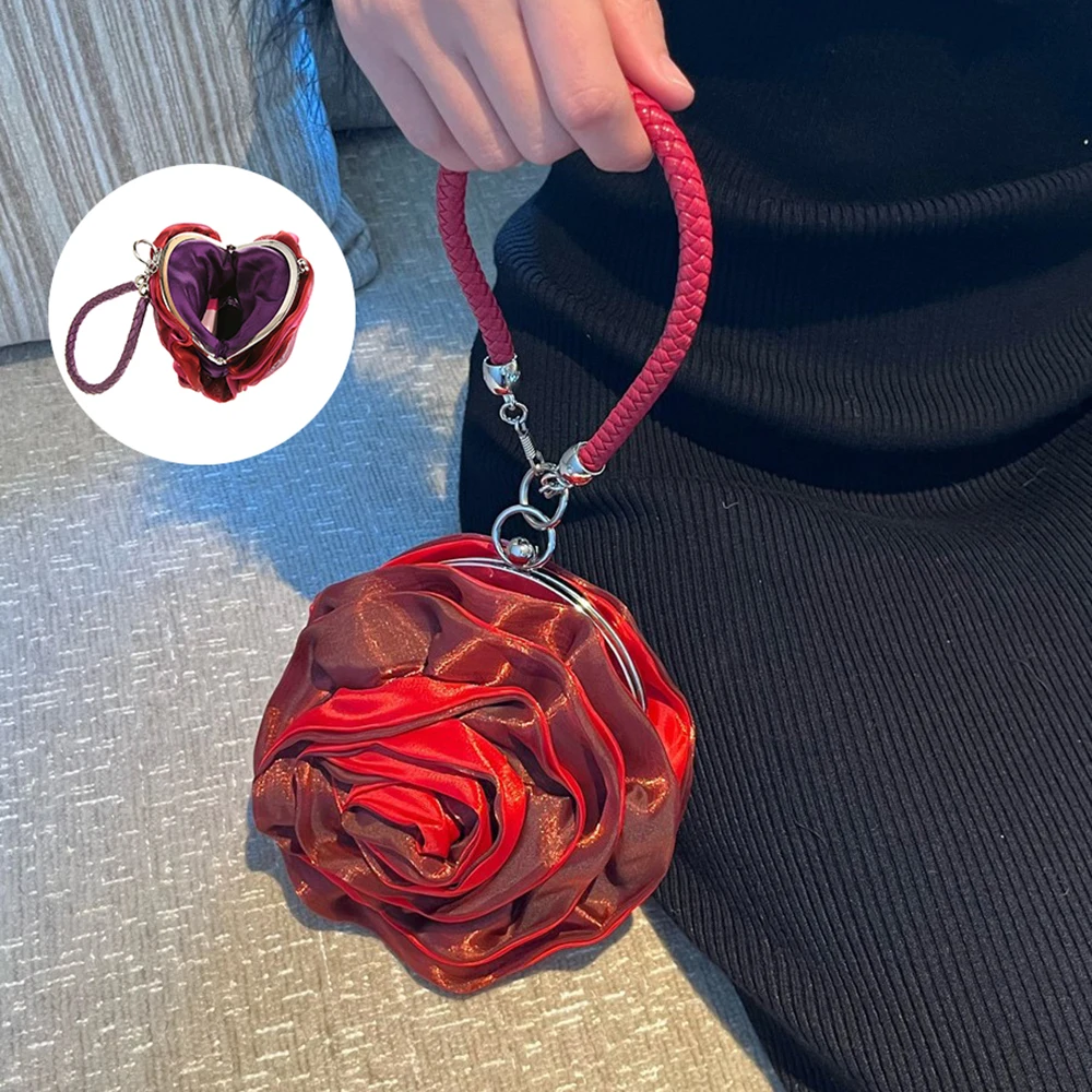 Handbag With Colorful Pink Flowers For Women, Satin Bags For Wedding Party, Evening Bag Luxury Clutch Purse For Women