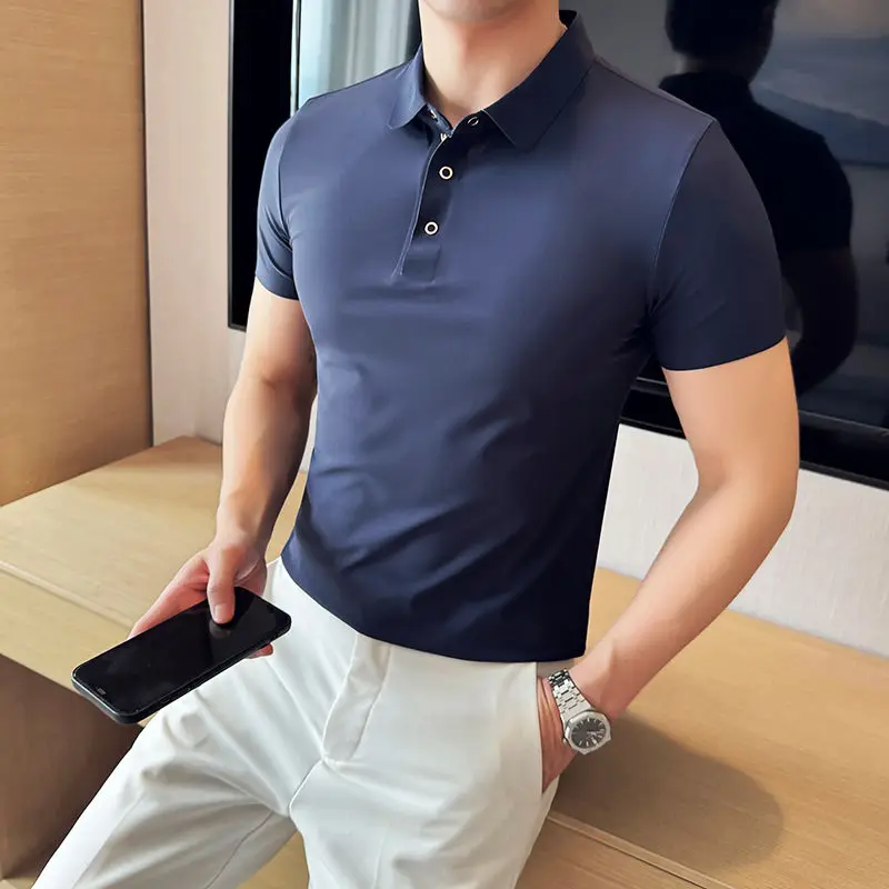 Business Casual Männer Polos hirts Sommer neue Revers Eis Seide dünne feste Knopf Streetwear Mode Büro soziale Kurzarm Tops