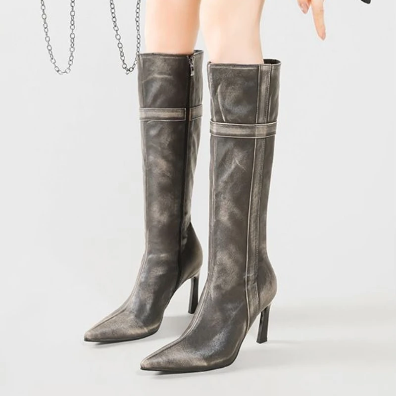 

Fashion Winter Women Knight Boots Pointed Toe Retro Zip Street Style Long Boots Sexy Designer Women High Boots Bottes Femmes