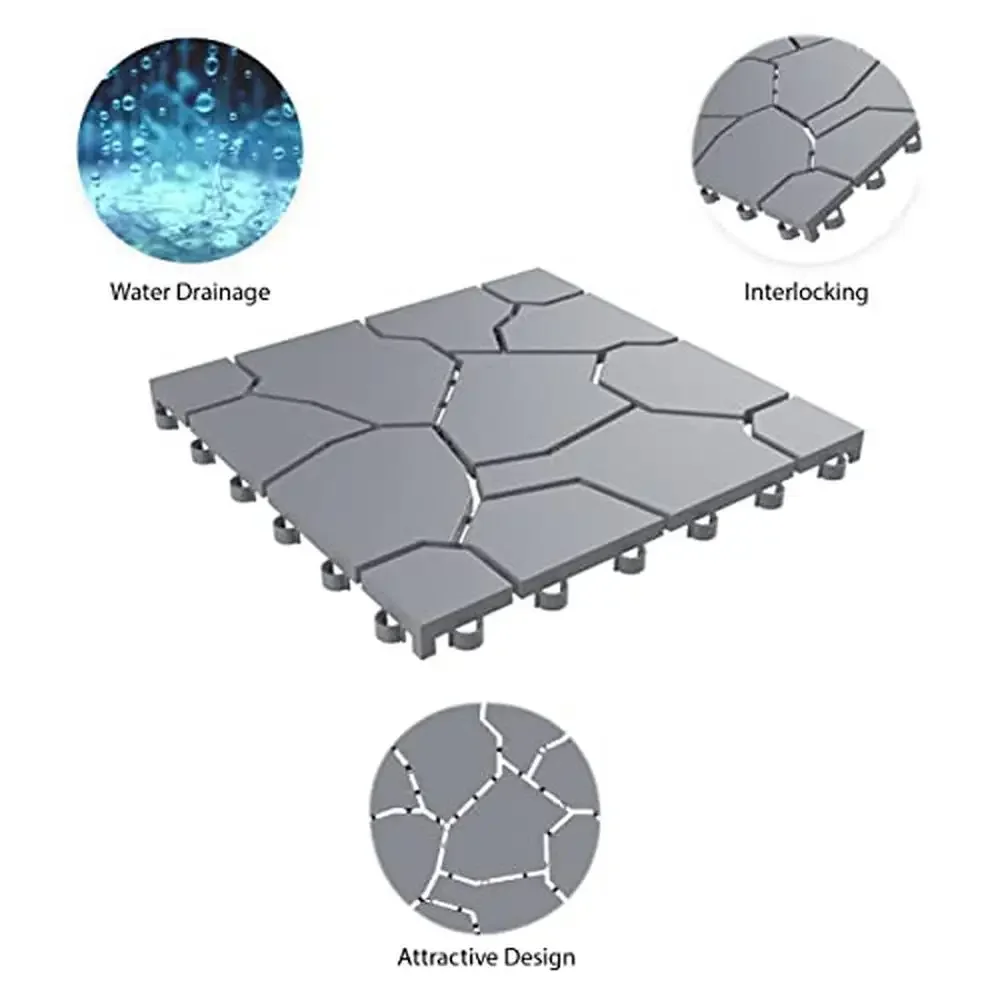 Interlocking Patio Deck Tiles 12-Pack Outdoor Balcony Flooring Weather Resistant Stone Gray Easy Install Polypropylene Material