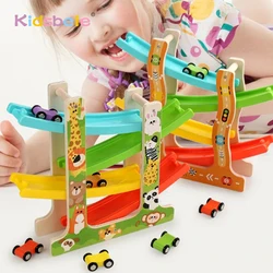 Wooden Gliders Bowling Slide Car  Montessori Glider Track Four Storey Parking Lot Early Educational Gifts For Baby Toddlers Toy