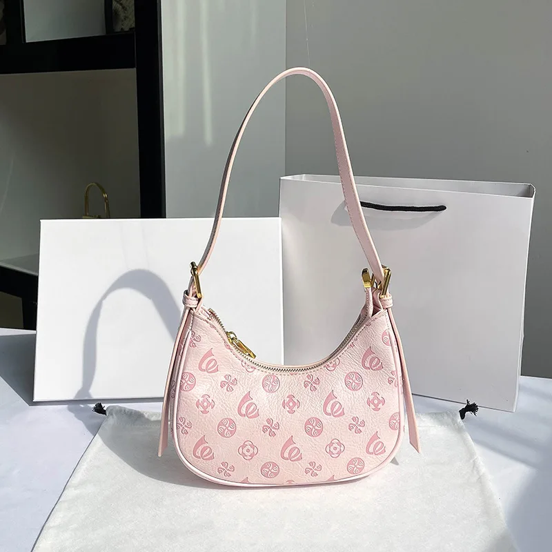 High-end Shoulder Bags for Women Casual Pink Printing Hobo Bags Niche Design Female PU Leather Armpit Bags Ladies Handbags