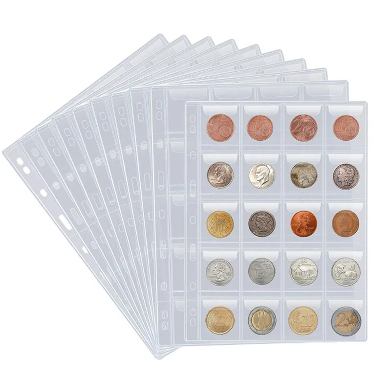 10Pcs 6/9/12/20/30/42 Grids Coin Album Pages PVC Pocket Coin Holder Stamp Collection Organizer Sheet Transparent Coin Loose Leaf