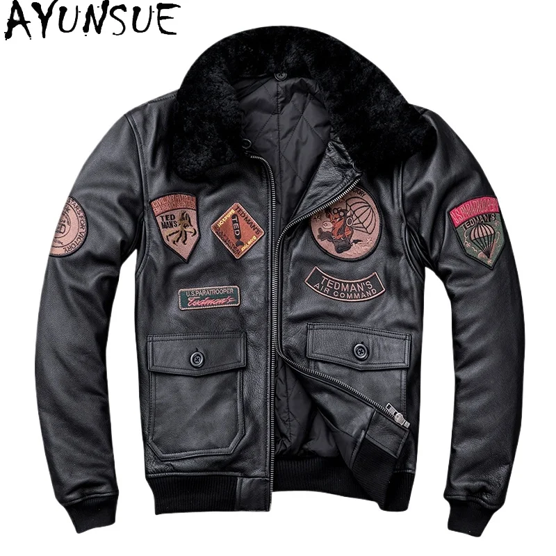 

AYUNSUE Winter Leather Jackets Men Clothing Short Bomber Jacket Wool Fur Collar Large Black Coat Loose Fit Kurtka Męska Skórzana