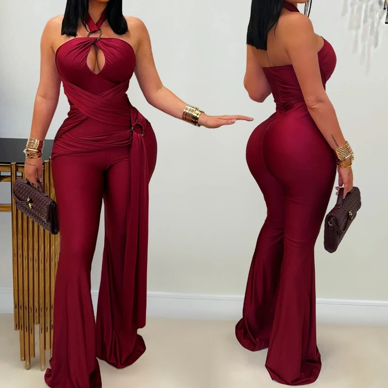 

Sexy Hollow-out Bandage Patchwork Bodycon Jumpsuit Women Halter Sleeveless Backless Rompers Female Streetwear Overalls 2026 New