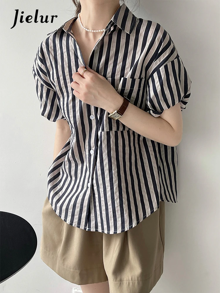 Jielur Striped Spell Color Polo Women's Shirts Summer Lantern Sleeve Single Breasted Simple Loose Chic Fashion Ins Female Shirts