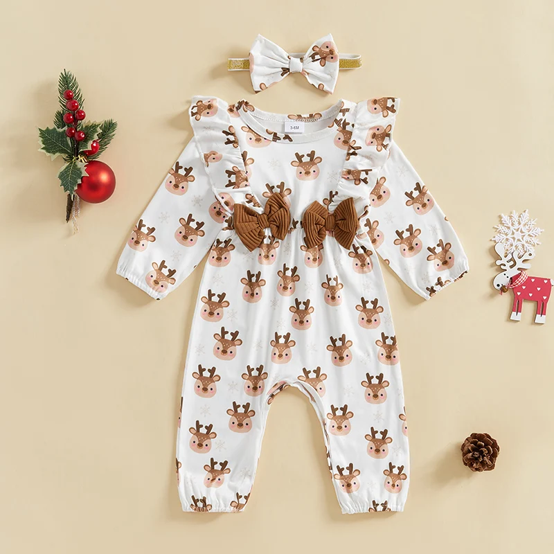 Newborn Baby Girl Christmas Outfit Long Sleeve Ruffle Elk/Xmas Tree Romper Smocked Bodysuit Jumpsuit Headband 0-18M