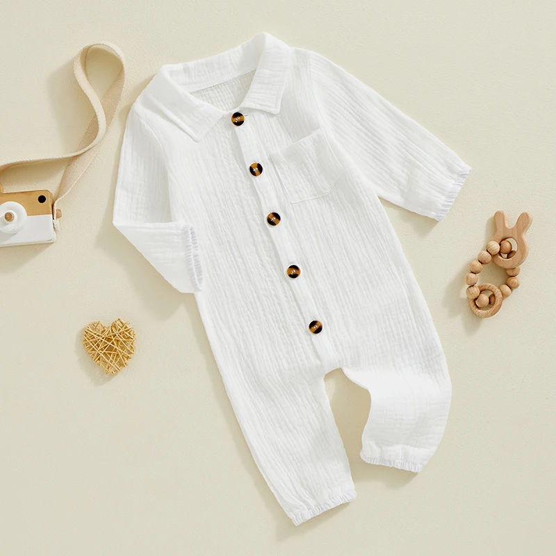 Baby Boy Casual Romper Long Sleeve Solid Bodysuit Cotton Linen Jumpsuit Collared Infant 1-Piece Outfit image 6