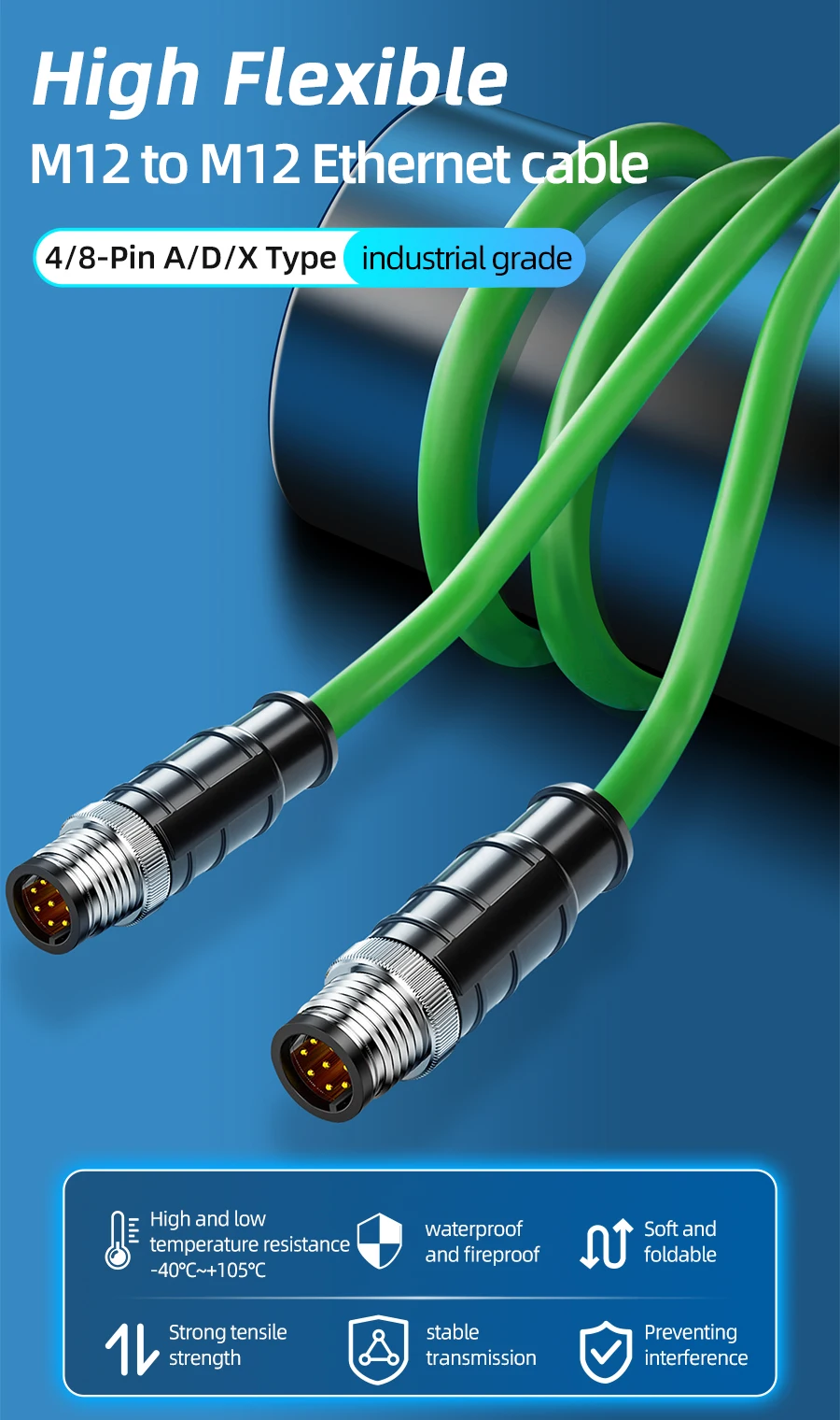BYXGD M12 X-Code Stecker 8-polig auf RJ45 Industrielles Ethernet-Kabel Reinkupferkern Verzinntes Kupfer Geflochten IP67 für Profinet EtherCAT – Detail 1