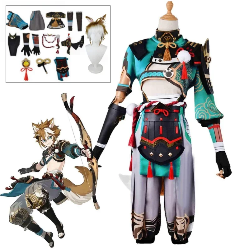 Genshin Dampak Gorou Kostum Cosplay Halloween Telinga Ekor Rubah Celana Panjang Pesta Lengkap