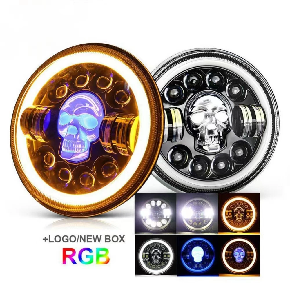 

7inch H4 Skull LED Headlight With DRL Hi/Lo Beam Light Ring Headlight For OffRoad Harley Jeep Wrangler car light