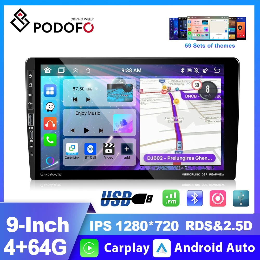 Podofo 2 din Car Stereo Radio 9'' Touch Screen 4G+64G Car Multimedia Player Carplay Android Auto DSP GPS Navigation Autoradio