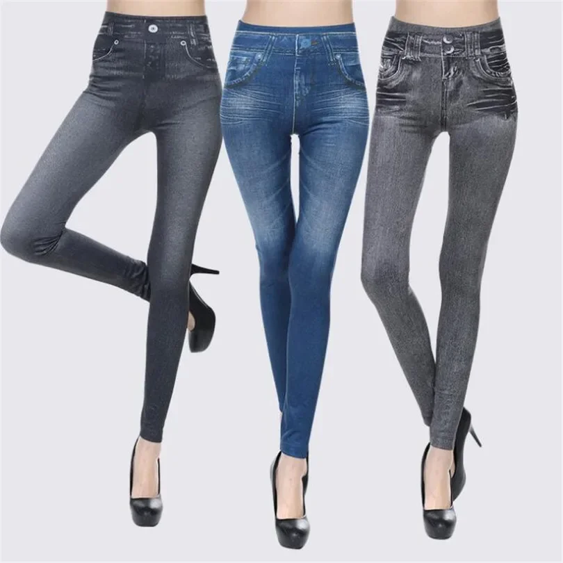 2023 Women's Spring and Summer Tight Imitation Jeans, Smart Slim Fashion, Large Tight Pants, False Pocket Women's Fitness Pants