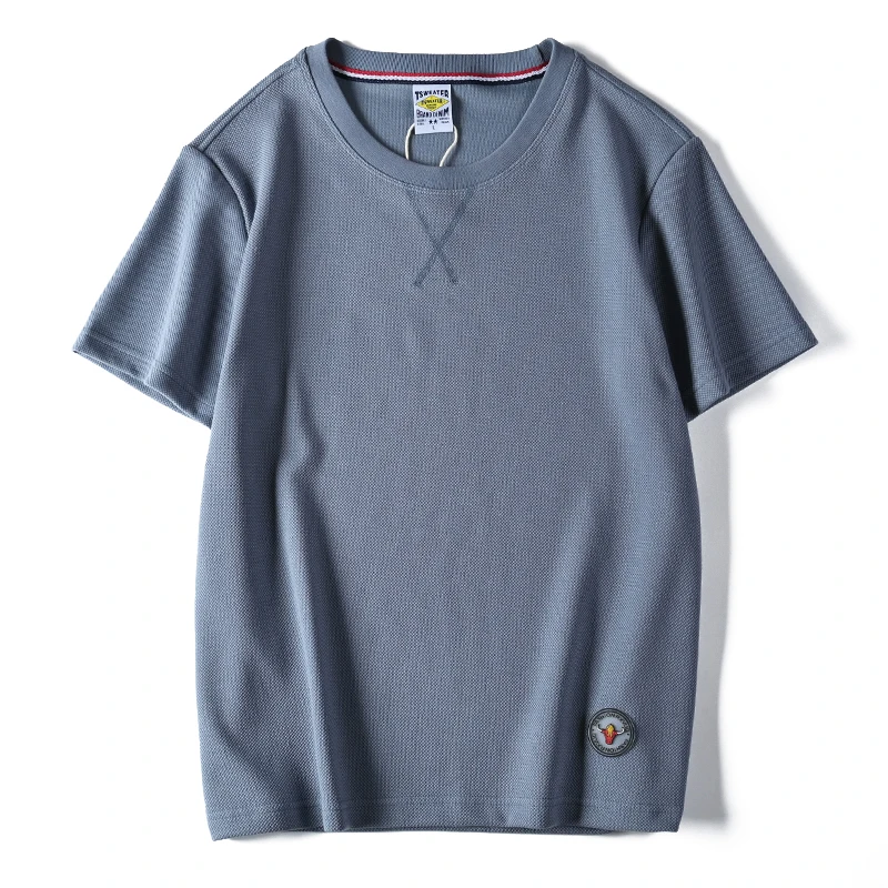 

Летняя новая американская Ретро Однотонная футболка с коротким рукавом и круглым вырезом Мужская мода Простые 100% повседневные спортивные топы с вафлером