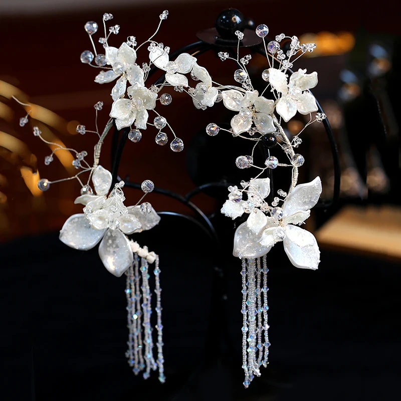 Fashion FLower Crystal Beads Bride Ear Hanging Headdress Flowers Hair Decoration Wedding Hair Accessories