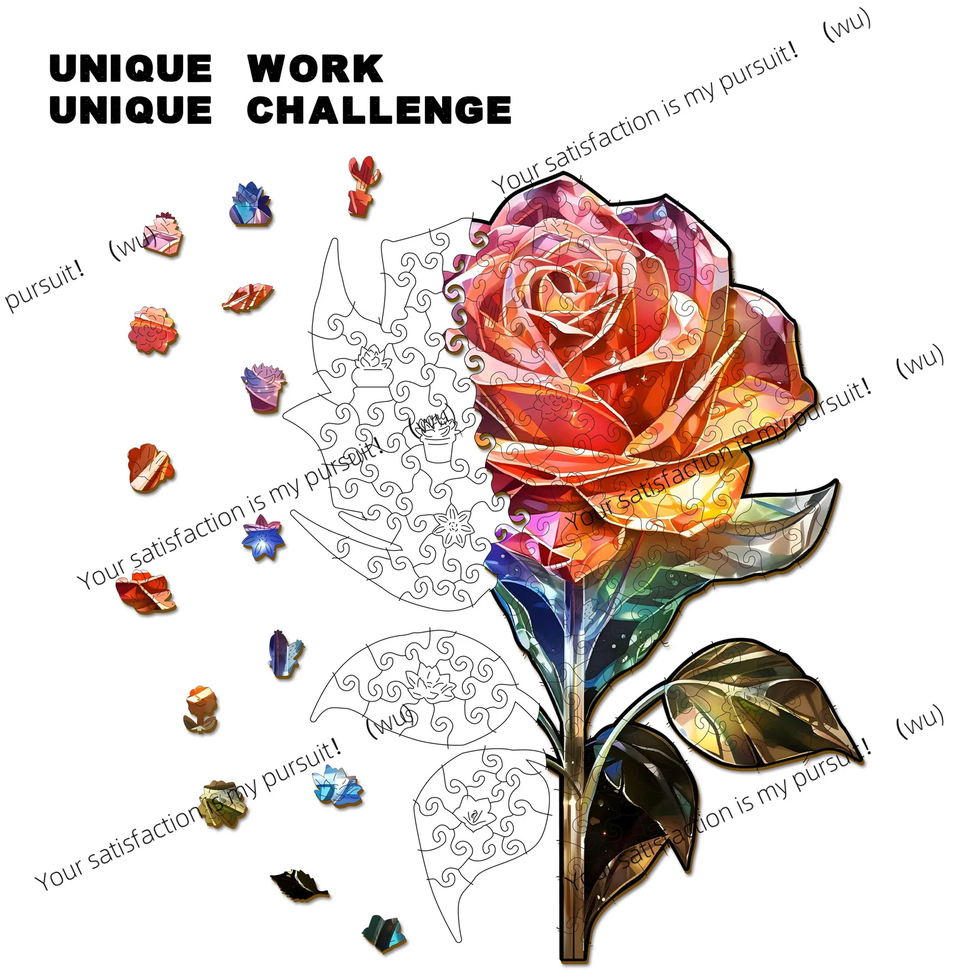 Rose Wooden Puzzle, Irregular Alien Wooden Puzzle, Puzzle, Gift, Unzip