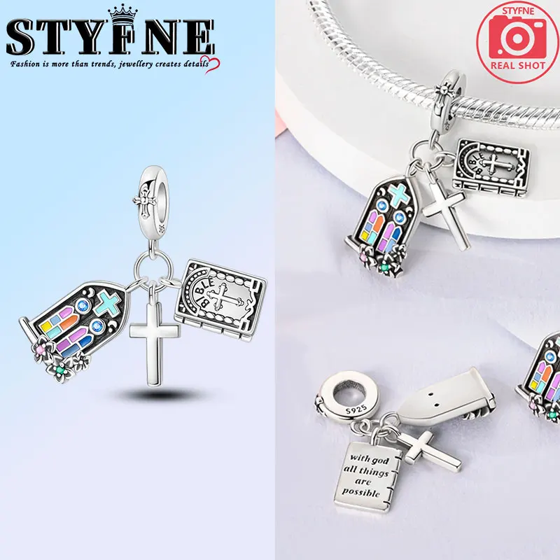 Symbols Beads 925 Sterling Silver Church Window Bible Cross Charms Bracelets Jewelry Gift