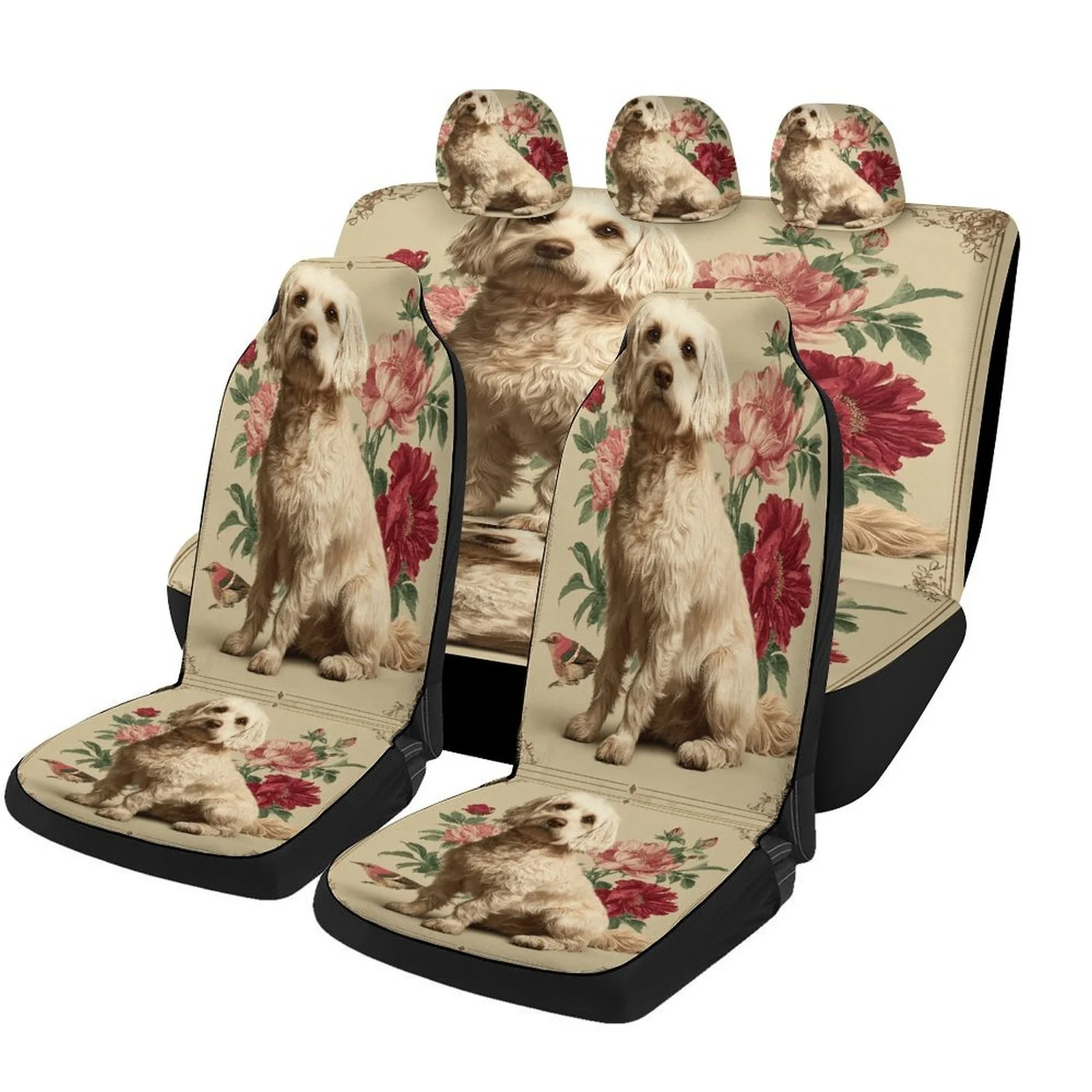 Set Of Car Seat Covers Featuring Floral Dog Portraits, Designed For A Variety Of Vehicles. These Stylish And High-Quality Protec