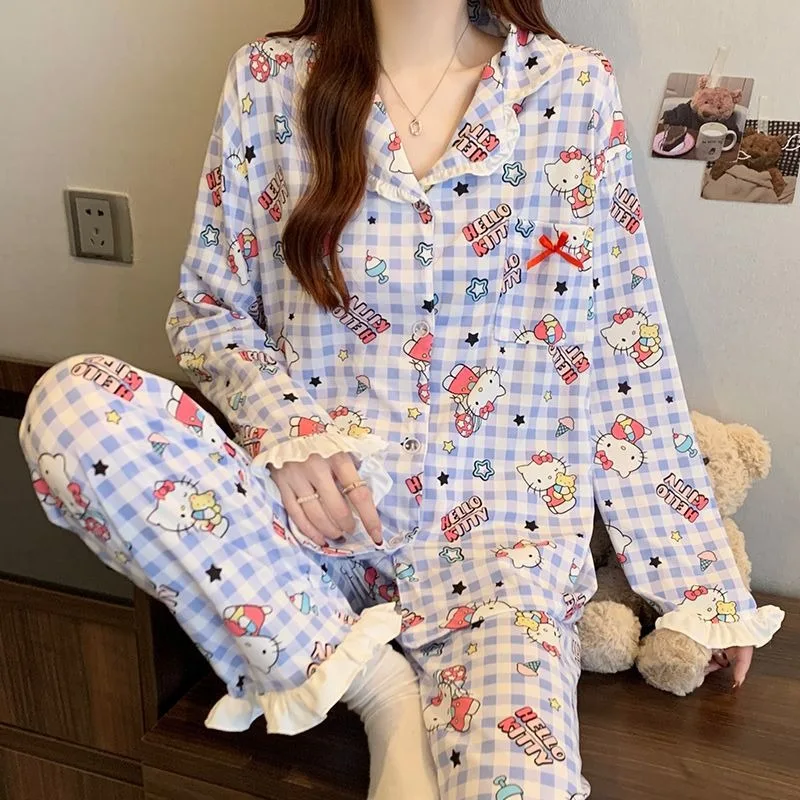 New Sanrio pajamas women's spring and autumn sweet and cute cartoon blue Hello Kitty plaid long-sleeved loungewear set