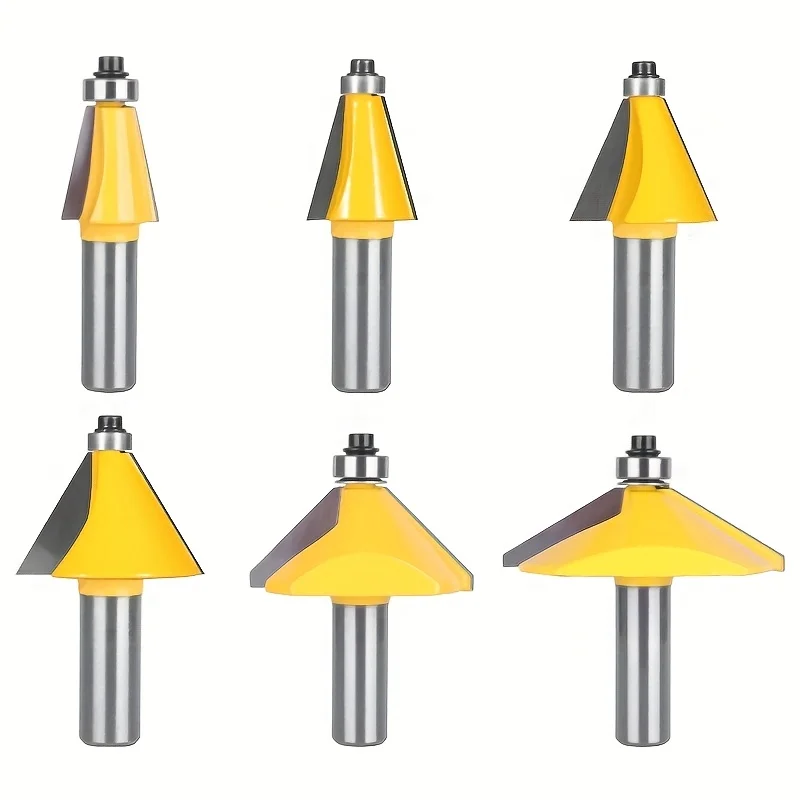6-piece multi-angle chamfered router bit kit - Precision bevel tool for wood edge joinery, bevel joints and cabinet interiors