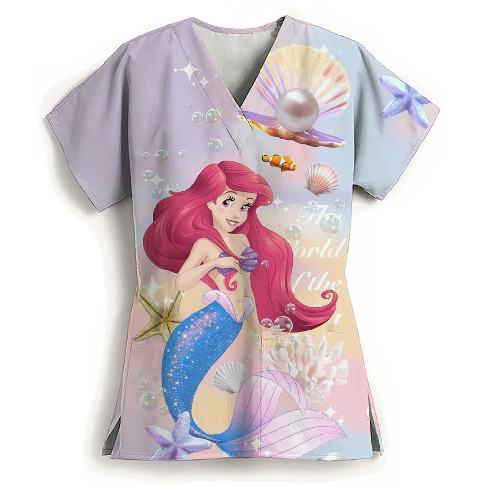 Disney Little Mermaid Princess Nurse Uniform Matte Short Sleeve Pocket Work Clothes Medical Work Clothes Worker Tunic Matte Top