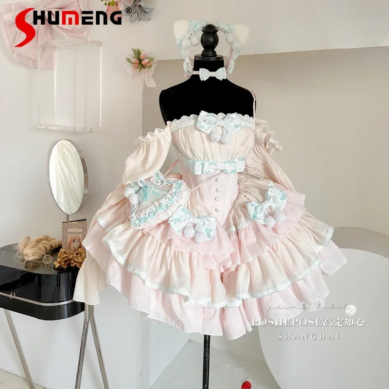 

Pink Lolita Sweet Princess Dress Women's High Waist with Love Bag Bow Sleeveless Heavy Industry Strapless Dress Lady Party Dress