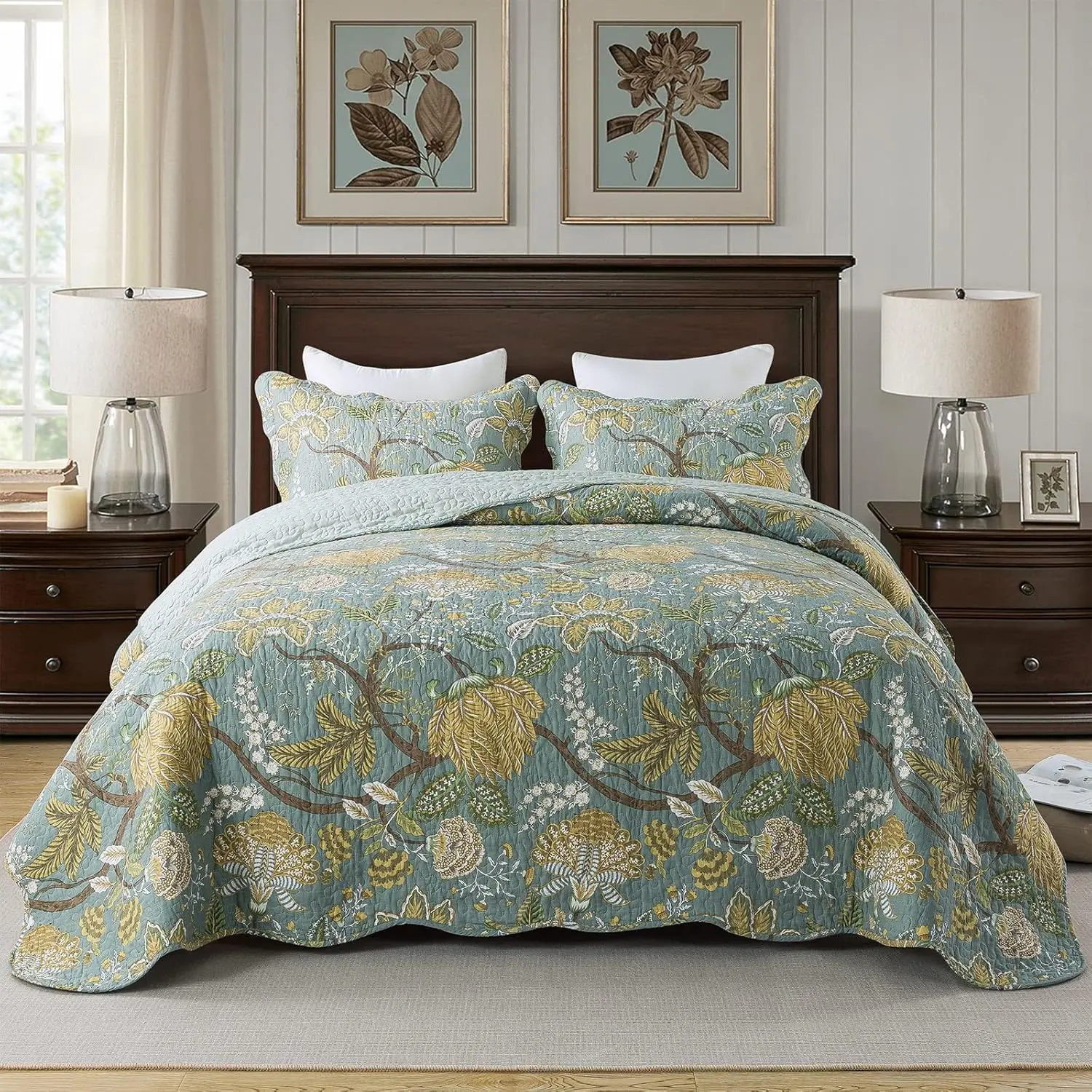3-Piece Quilt Set Quilted Bedspread Cotton Coverlet Set Floral Printed Oversized Quilted Bedding Set with Shams for All S