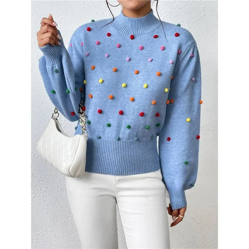 

Hot Sale Of The Season New Women's Long Sleeve Comforta Knitted Sweater Colorful Ball Fashionable Women's Knitwear round Neck