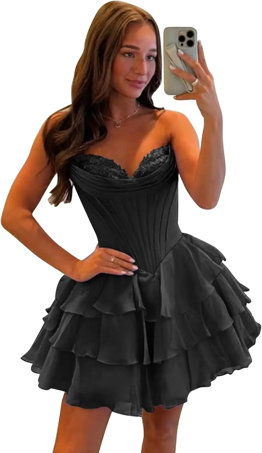 

Короткие платья для встречи выпускников без бретелек с цветочным принтом для подростков, шифоновое многоярусное платье для выпускного вечера 2025 года, корсет с рюшами, коктейльное платье