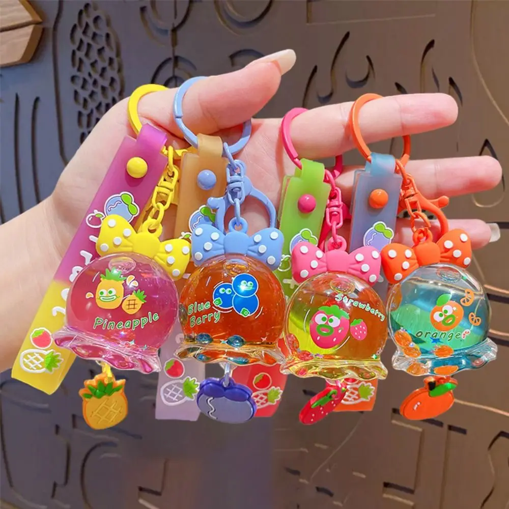 Creative Bow Cartoon Fruit Keychain Kawaii Cute Wind chime keychain Ornament PVC Liquid Keyring Couple