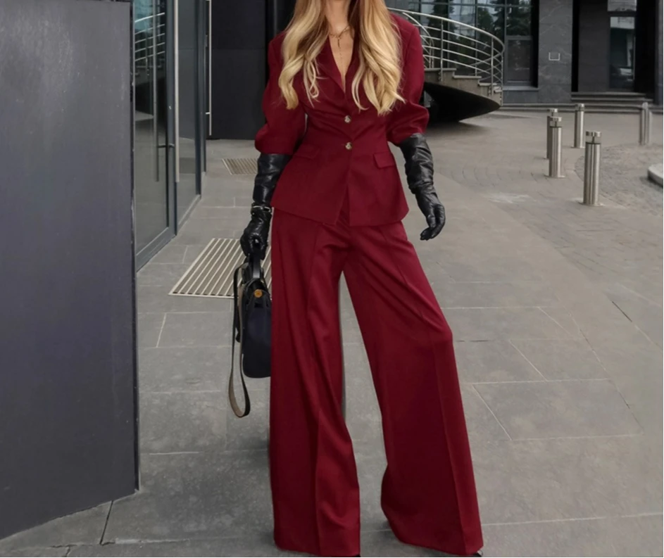 

Retro Burgundy Waist Long-sleeved Suit and Trousers Two-piece Set Women's High-end Fashion Suit