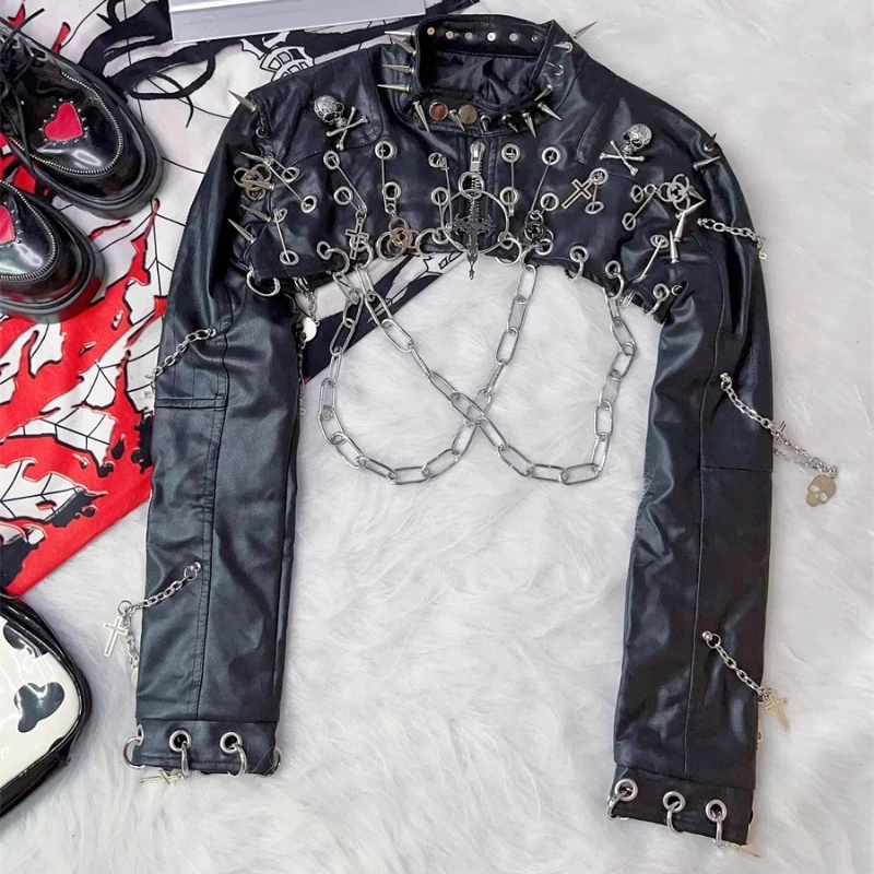 Original Design Y2K Hot Girl Punk Rivet Women's Short Jackets 2025 New Rock Retro PU Leather Sweet Cool Blouse Pin Coat Ladies