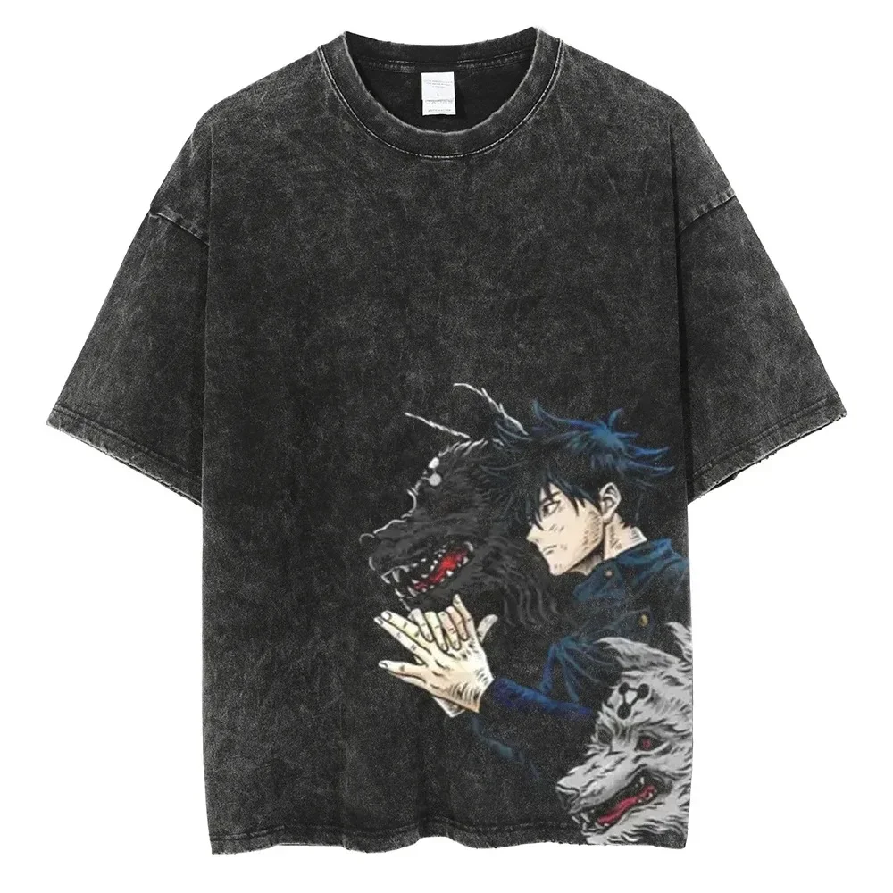 Men Oversized Casual Summer Washed T-shirt Retro Anime Creative Graphic Hip Hop T-Shirt Streetwear Black Casual Tops Tees Cotton