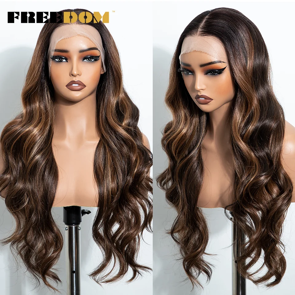 FREEDOM 13x4 Synthetische Lace-Front-Perücken für Damen, 26 Zoll, Body Wave, mit freiem Scheitel, natürliche, vorgezupfte Lace-Front-Perücke für den täglichen Gebrauch – Detail 4