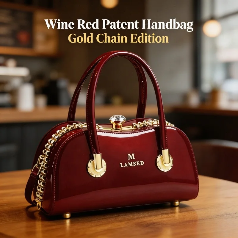 Women Glossy Patent Leather Handbag Crystal Lock Decor Metal Chain Top Handle Detachable Strap Evening Party Shoulder Purse