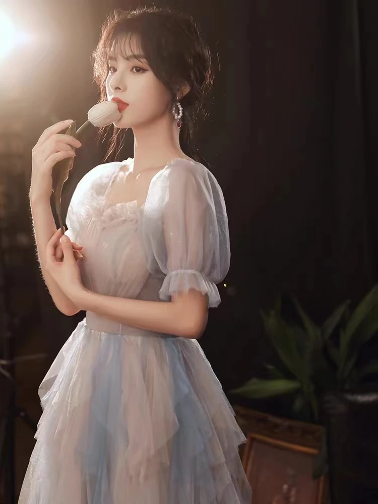 فستان سهرة أنيق عتيق بأكمام قصيرة وياقة مربعة مثير بطيات على شكل حرف a من التل أنثى بدون ظهر فستان أداء طويل للولائم